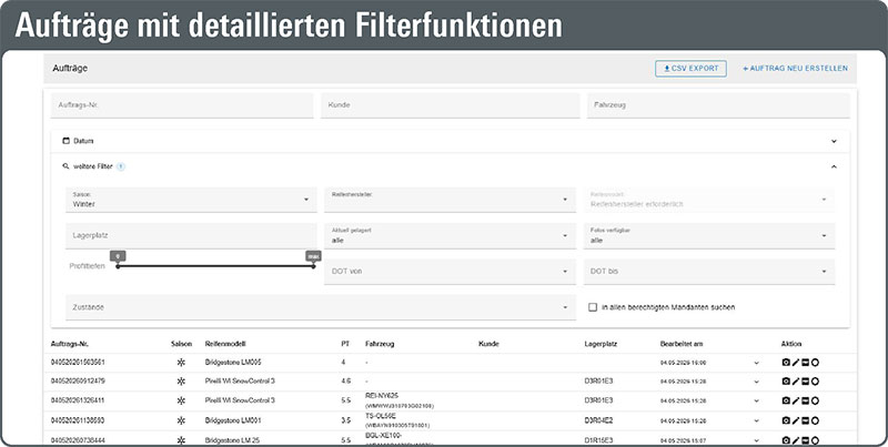 Aufträge mit detaillierten Filterfunktionen